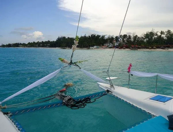 A guest lies on the bow netting of a catamaran looking towards a palm-lined coastline