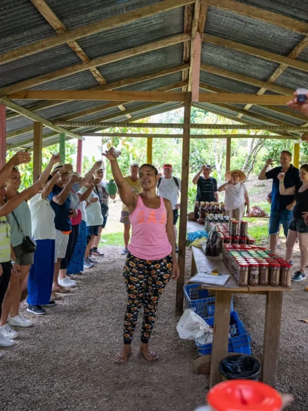 The tasting under the shelter The tour group raising cups together at a countryside tasting under a tin-roofed shelter