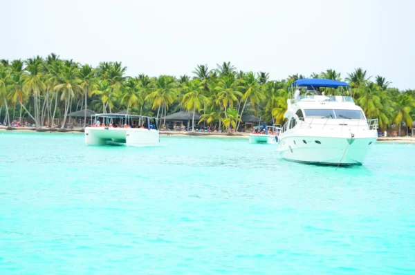 Yacht and catamarans near Saona Island A yacht and two catamarans anchored near the palm-covered shoreline of Saona Island