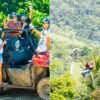 Left: guests in helmets riding a mud-splattered jungle buggy. Right: a rider on a zipline over the rainforest canopy.