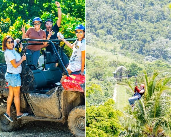 Left: guests in helmets riding a mud-splattered jungle buggy. Right: a rider on a zipline over the rainforest canopy.