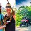 Left: a couple feeding squirrel monkeys from bowls. Right: a red Honda buggy leading a convoy along a jungle trail.