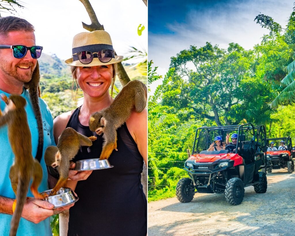 Left: a couple feeding squirrel monkeys from bowls. Right: a red Honda buggy leading a convoy along a jungle trail.
