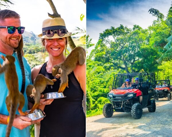 Left: a couple feeding squirrel monkeys from bowls. Right: a red Honda buggy leading a convoy along a jungle trail.