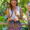 Guest feeding two squirrel monkeys at Monkey Land A visitor smiles as two squirrel monkeys feed from a bowl in her hands, one perched on her shoulder