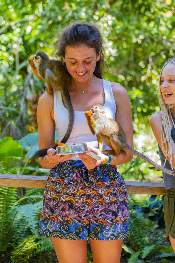 Guest feeding two squirrel monkeys at Monkey Land A visitor smiles as two squirrel monkeys feed from a bowl in her hands, one perched on her shoulder