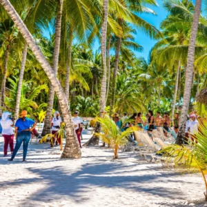 Saona Island beach club under the palms Visitors gather under tall palms on a white sand beach beside thatched shelters and wooden picnic tables