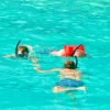 Three guests snorkeling side by side in clear turquoise water, one wearing an orange flotation vest
