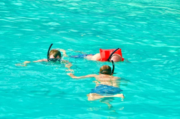 Three guests snorkeling side by side in clear turquoise water, one wearing an orange flotation vest