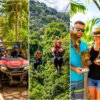 Three panels: a red Honda buggy splashing through mud, two riders descending a zipline over the rainforest, and a couple feeding squirrel monkeys.