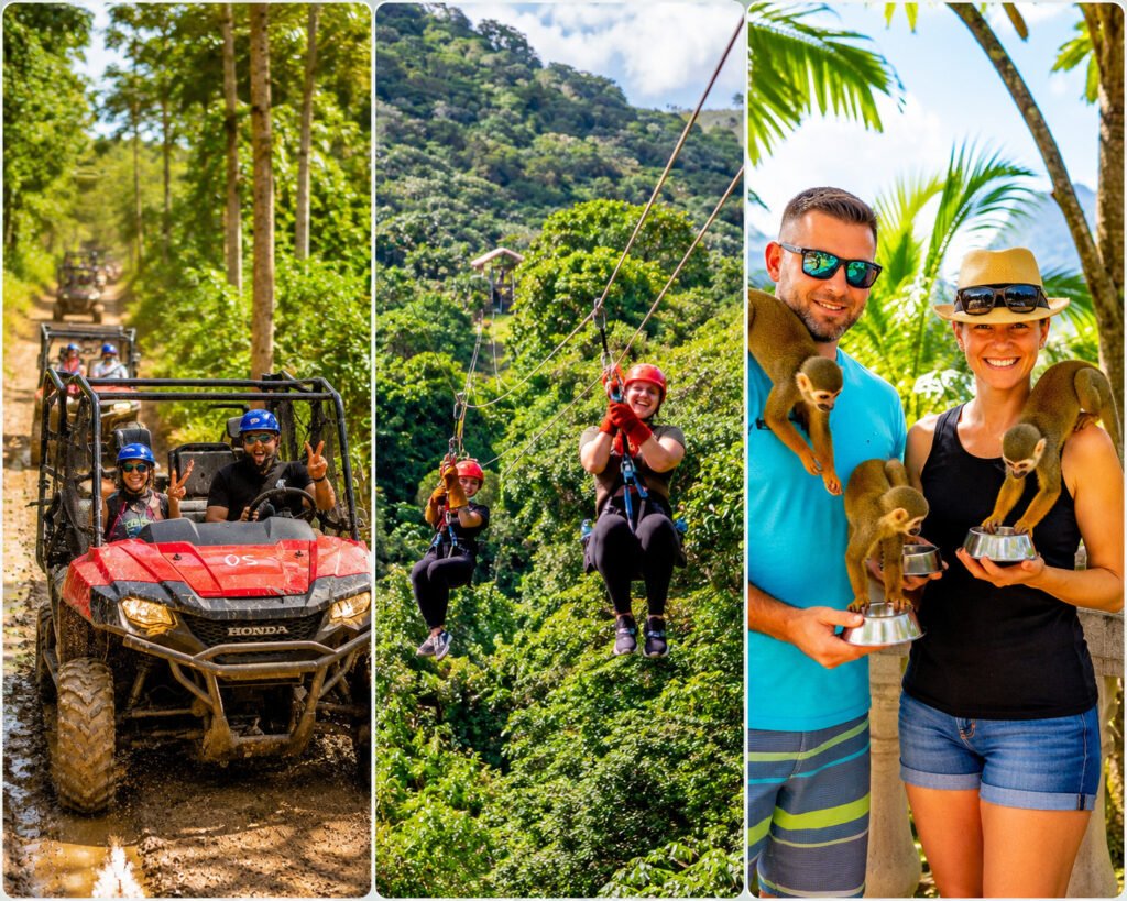 Three panels: a red Honda buggy splashing through mud, two riders descending a zipline over the rainforest, and a couple feeding squirrel monkeys.