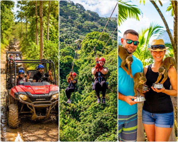 Three panels: a red Honda buggy splashing through mud, two riders descending a zipline over the rainforest, and a couple feeding squirrel monkeys.