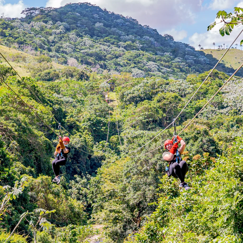 Two riders cross a zipline high above a forested canyon, the full drop visible beneath the cable