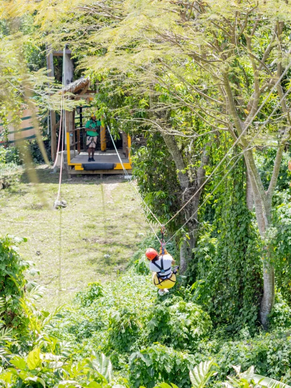 Zipline course with rider descending toward the platform A rider in a red helmet descends a zipline toward the camera while a guide waits on the wooden launch platform behind
